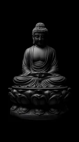 Serene black Buddha statue on lotus pedestal in chiaroscuro.