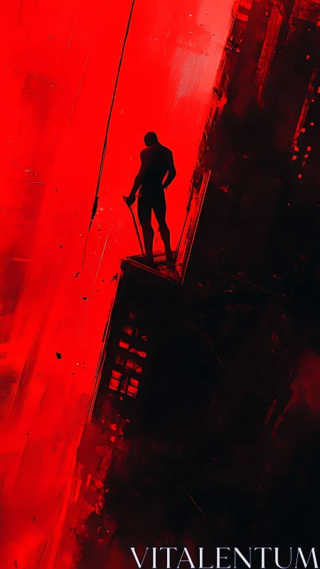 Lone rooftop watcher sharpens silence inside a red storm