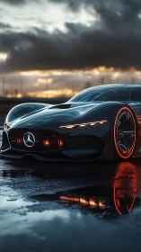 Sleek futuristic sports car glowing against a moody sunset sky.