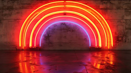 Neon rainbow arcs glow against weathered concrete wall