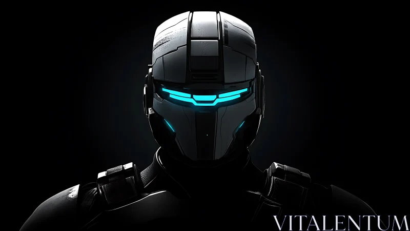 Futuristic armored robot with blue visor lighting in dark.