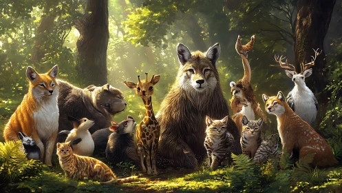 Forest Assembly: Wildlife Community Gathering in Woodland Light.