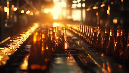 Beer bottles move down conveyor line in warm factory light.