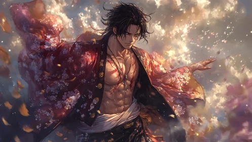 Storm-kissed warrior drifts in swirling petals and soft light