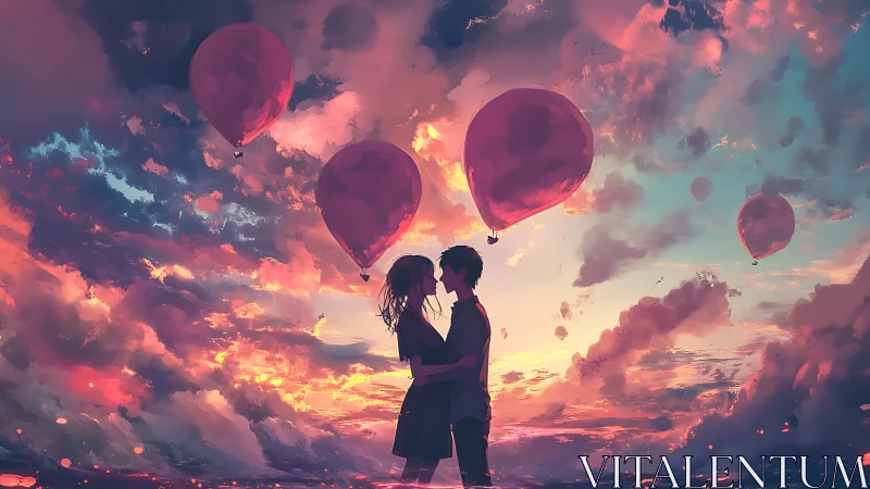 Couple Embracing Beneath Red Hot Air Balloons.