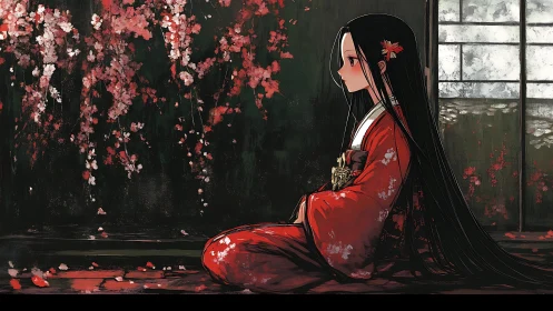 Kimono-clad girl in profile anchors a sakura-toned anime tableau