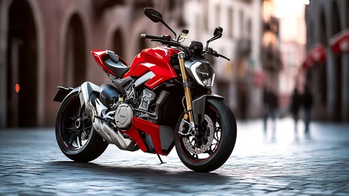 Red streetfighter motorcycle stands poised in a sunlit city.