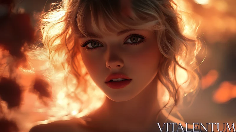 Golden-hour portrait of blonde woman with glowing bokeh light.