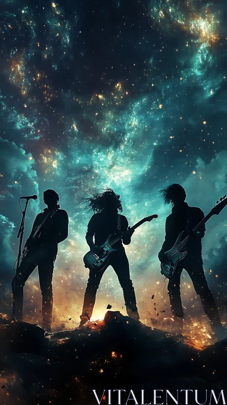 Silhouetted rock trio performing under luminous nebula sky.