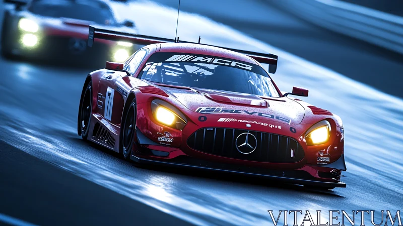 Red race car slicing through rain lit with fierce golden glow.