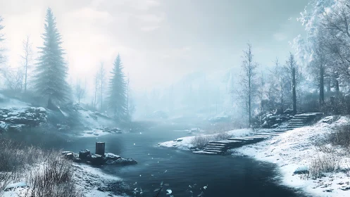 Silent winter river valley with frosted trees and stone steps.