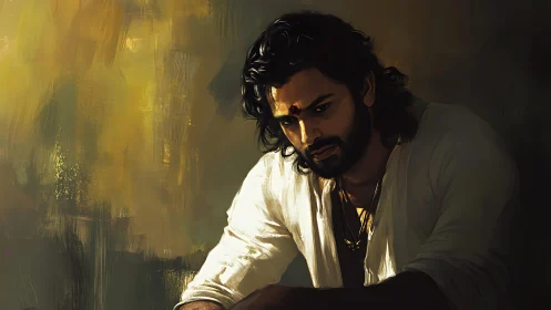 Contemplative man in chiaroscuro lighting rendered as digital painting