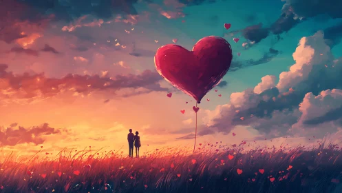 Digital landscape depicting two figures beneath large floating heart structure