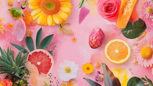 Chromatic floral&ndash;citrus array on saturated pink substrate.