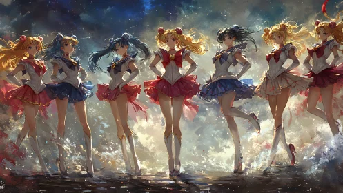 Celestial sailor heroines rendered in dynamic anime brushwork