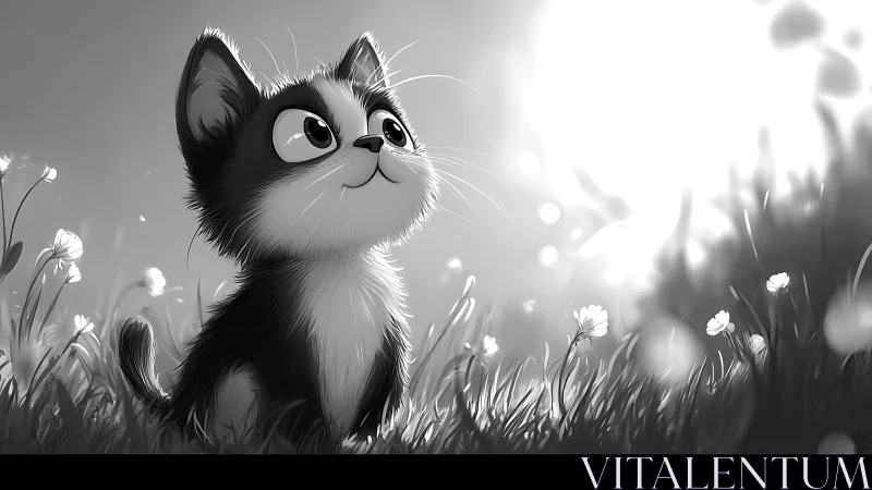 Black and White Cat Sitting in Flower Field Looking Upward