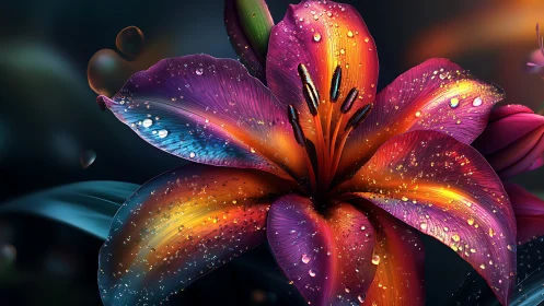 Luminescent Gradient Flower with Water Droplets on Dark Background.