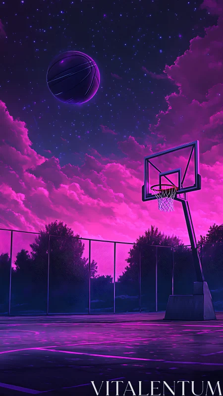 Neon dusk basketball court under cosmic violet skyline.