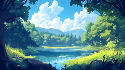 Sunlit Forest Valley with Emerald Waters and Mountain Vista.