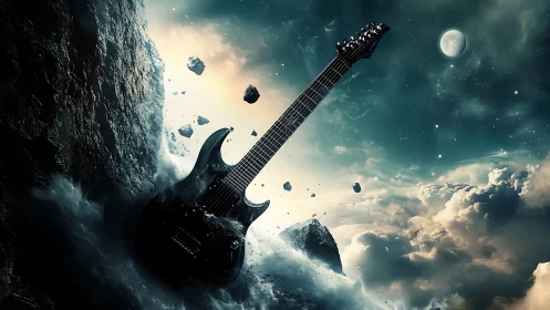 Electric rock guitar rises through cosmic clouds and debris.