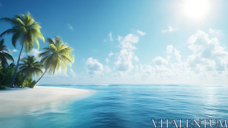 Tropical Beach Paradise: White Sand Shoreline with Palm Trees