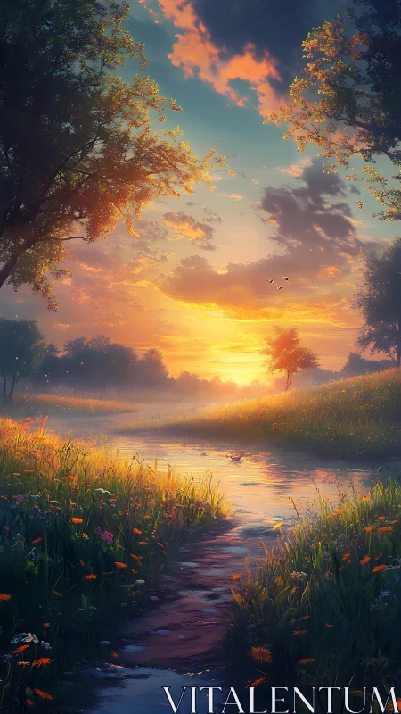 Sunset light illuminates river, meadow grasses and distant trees