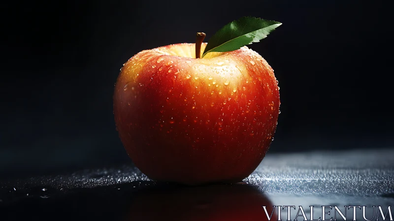 Single dewy apple glows against dramatic dark background.