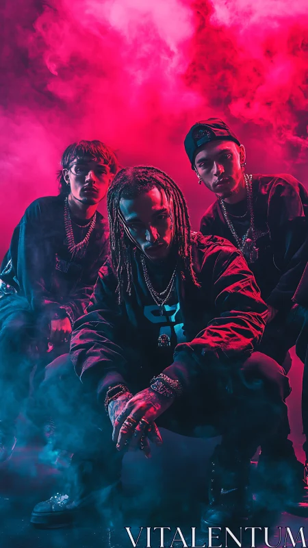 Hip hop trio pose in neon pink and teal smoke chamber.