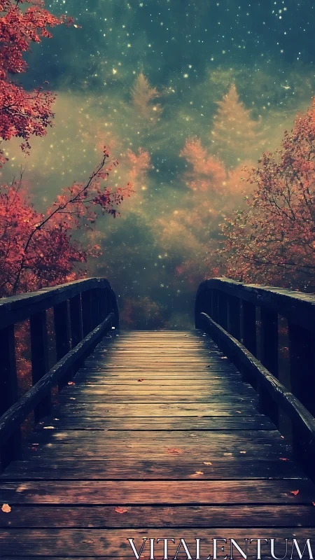 Starlit Autumn Bridge Toward a Whispering Forest Dreamscape.