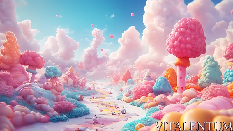 Volumetric candy-cloud landscape with stylized bubble flora.