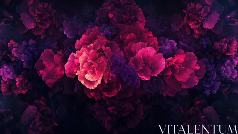 Luminous peonies glow in a dark, dreamlike floral nebula