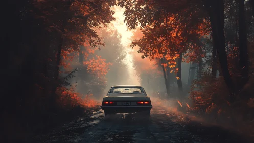 Vintage Car on Autumn Forest Road at Sunrise