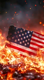 American Flag Burning Amidst Flames and Embers