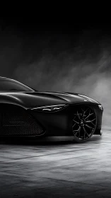 Low-angle view of black concept sports car in studio space.