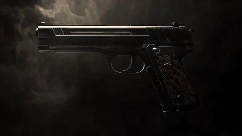 Black semi-automatic handgun rendered with dramatic side lighting