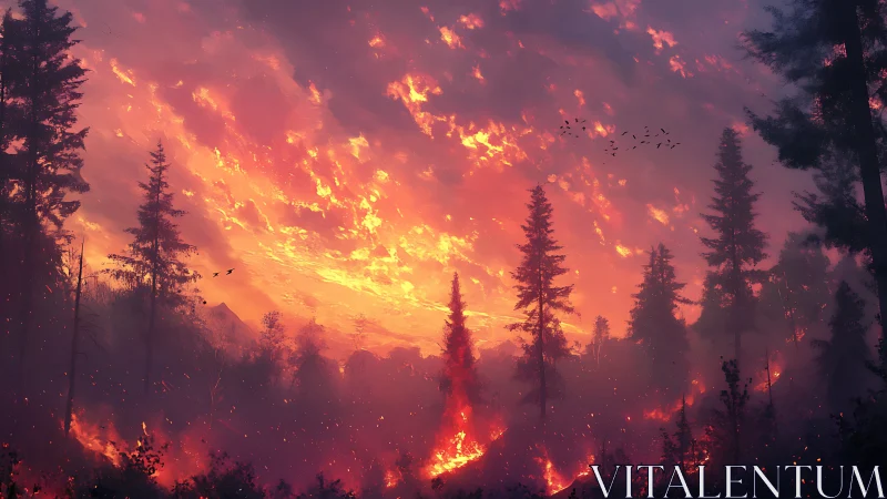 Wildfire Landscape: Nocturnal Forest Inferno with Pyrolytic Cloud Formation.