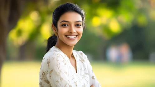 Portrait of Smiling Woman Outdoors in Natural Light, Soft Focus.