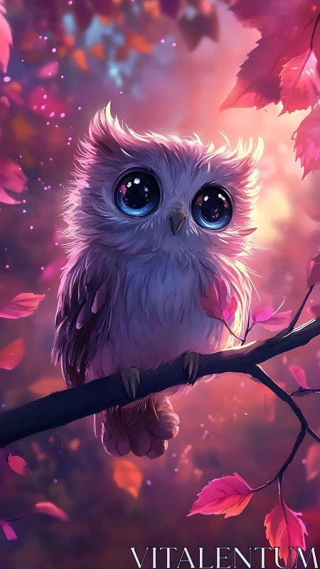Bright eyed baby owl resting on a dreamy sunset branch.