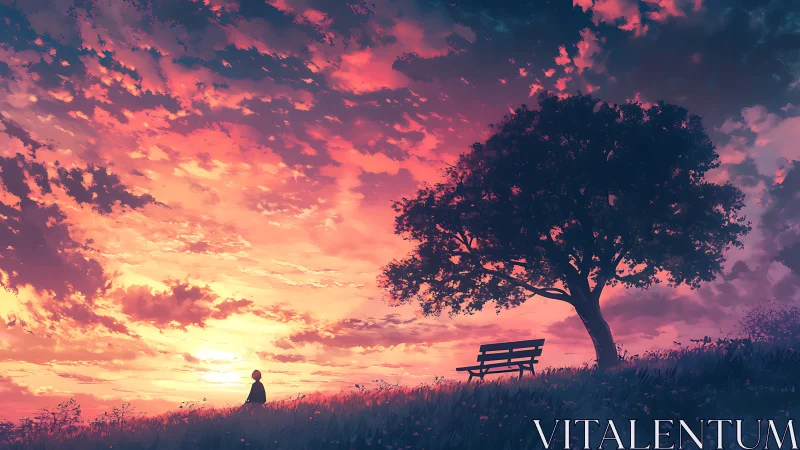 Solitary figure under dusk sky beside lone hilltop bench.