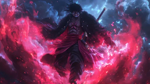 Dark anime swordsman walking through red blue energy storm.