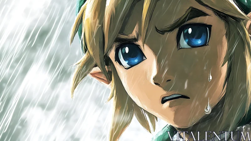 Close-up of blue-eyed elf-like character in rainstorm scene.