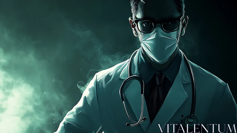 Midnight masked doctor emerges from neon hospital haze.