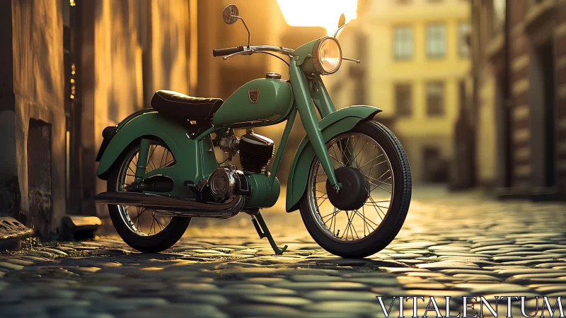 Sunlit mint-green classic motorcycle on cobbled old street.