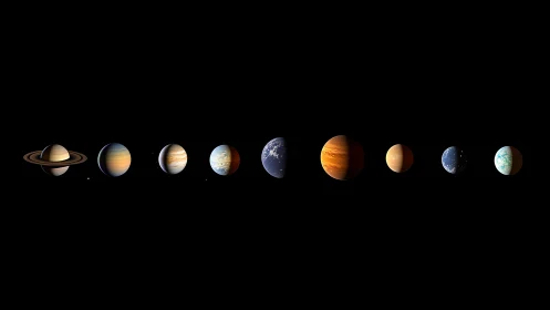 Aligned planetary bodies against uniform black space background.