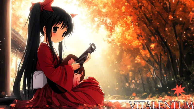 Girl in red kimono holds instrument amid autumn foliage