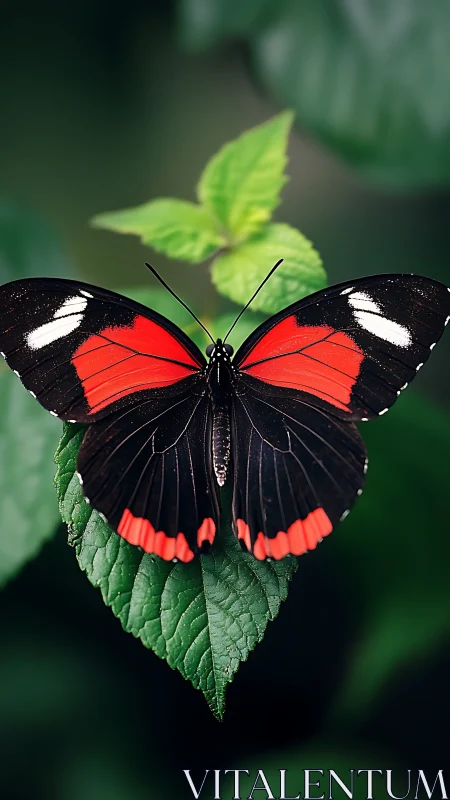 Butterfly rests on leaf with symmetric red and black wings