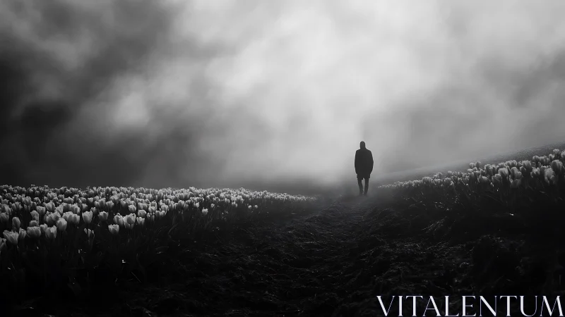 Solitary figure walking through misty tulip fields at dawn.