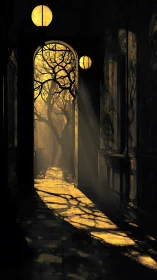 Light from doorway projects tree shadows along corridor