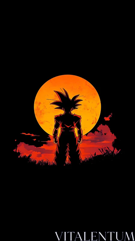 Saiyan warrior silhouette before blazing red sunset