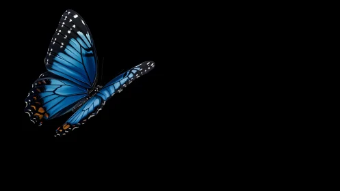 Vivid blue butterfly in high-contrast realism on black background.